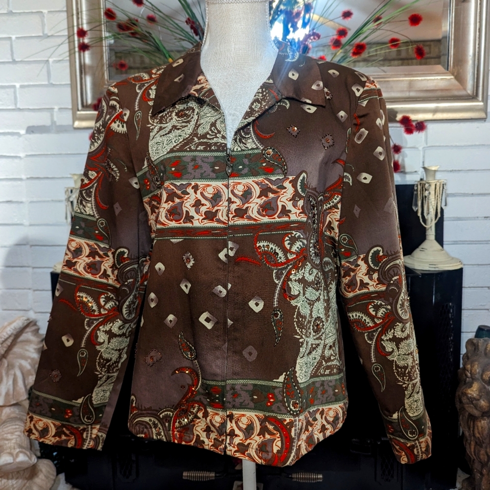 Vintage Y2K Emma G Brown Paisley Zip Front Jacket XL Sequin Embellished